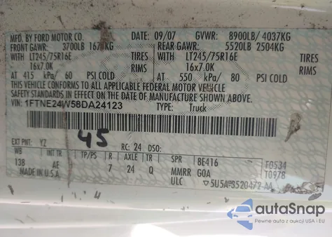 2008 Ford E-250 Commercial/Recreational из США, поврежденный, VIN 1FTNE24W58DA24123